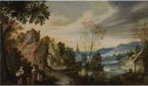 A Fluvial Landscape With Figures Picking Apples, A Villagebeyond by Joos De Momper