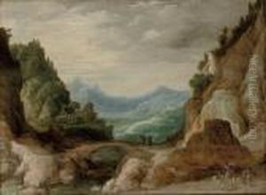 An Extensive Rocky Landscape With Travellers By A Bridge by Joos De Momper