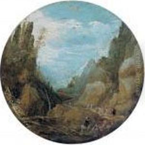 A Wooded Mountainous Landscape With Travellers On A Track by Joos De Momper