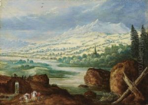 Weite Flusslandschaft Mit Packpferden Weite Flusslandschaft Mit Packpferden