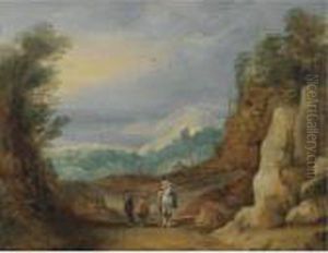 An Extensive Rocky Landscape With Two Monks And A Horseman In The Foreground by Joos De Momper