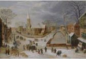 An Urban Winter Landscape With A Farrow Of Pigs In The Foreground