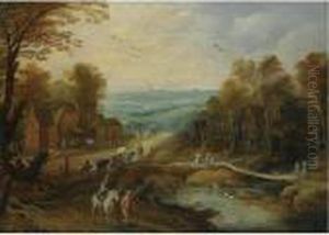 An Autumn Landscape With Travellers And Herdsmen On A Path, A Country Inn Beyond by Joos De Momper