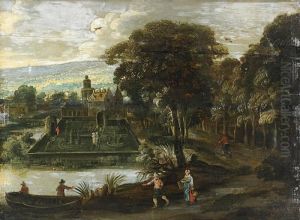 Waldlandschaft Mit Schloss Und Figurenstaffage