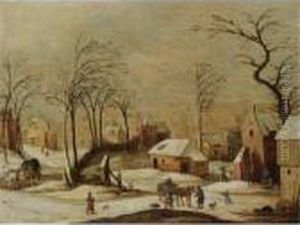 A Village Scene In Winter by Joos De Momper
