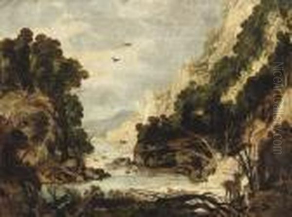 A Rocky River Landscape With Hunters And Deer - view 1