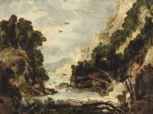 A Rocky River Landscape With Hunters And Deer by Joos De Momper