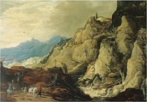 A Mountainous Landscape With Travellers On A Path By A Rockywaterfall