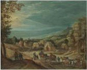 Travellers And Herdsmen Descending A Hill Towards A Town