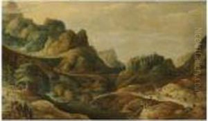 A Mountainous Landscape, With Many Figures On A Road Passing Alongeach Bank Of A River by Joos De Momper