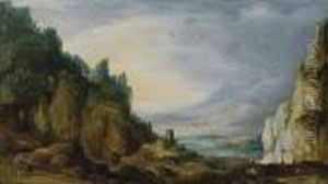 Paysage Montagneux Avec Un Village Et Des Voyageurs