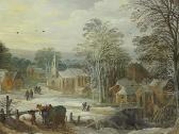 A Winter Landscape With Travellers Arriving At A Town - view 1