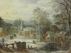 A Winter Landscape With Travellers Arriving At A Town by Joos De Momper