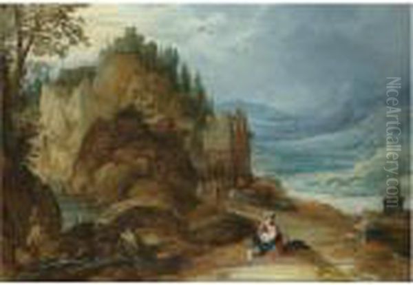 A Mountainous River Landscape With The Rest On The Flight Into Egypt - view 1