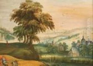 A Hilly River Landscape With A Resting Soldier And His Dogs, A Town Beyond