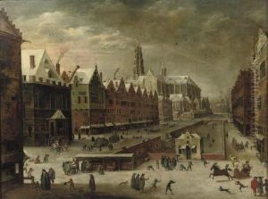 A Flemish Town In The Winter 
With Numerous Figures Near A Frozen Canal, A Cathedral Beyond