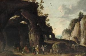 An Elegant Company Arriving At A
Grotto Where A Religious Service Is Taking Place, A Rocky Landscape
Beyond by Joos De Momper