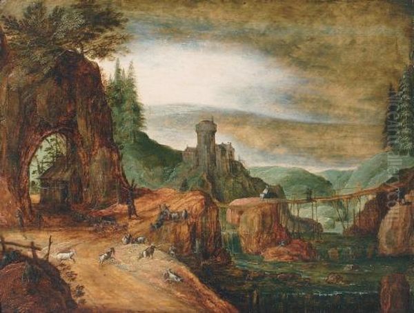A Rocky River Landscape With 
Peasants And Their Goats By A Path, A Fortified Dwelling Beyond - view 1