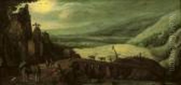 An Extensive Landscape With Travellers On A Bridge, Mountains Beyond - view 1
