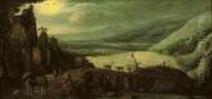 An Extensive Landscape With Travellers On A Bridge, Mountains Beyond by Joos De Momper