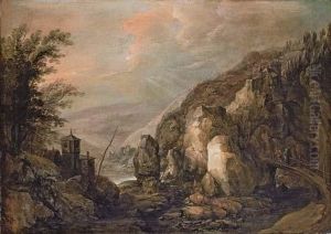 An Extensive Rocky Landscape With Peasants Crossing A Bridge, A Fortified Tower Beyond