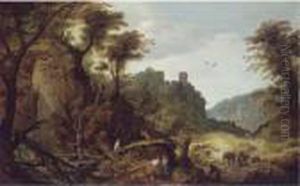 A Mountainous Landscape With Foresters, A Clifftop Castle Beyond by Joos De Momper