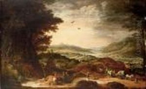 Peasants In Wagons And Pilgrim Hermits In An Extensive River Landscape