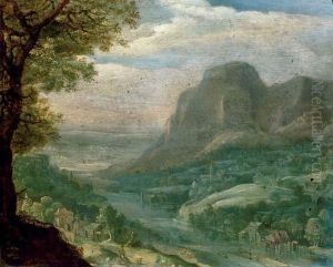 An Extensive, Mountainous River 
Landscape With A Herdsman Resting On A Path, Villages Beyond