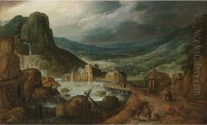 A Mountainous Landscape With A 
Wooden Bridge Crossing A River, And A Monk Feeding His Donkey