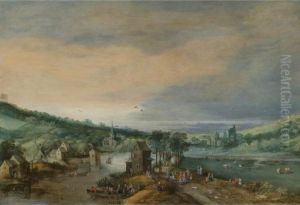 A River Landscape With Figures On A Road Passing A Town, And A Distant View Of The Sea by Joos De Momper