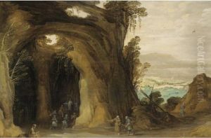 A Landscape With Pilgrims
Attending A Service In A Grotto, A Monk Reading In The Foreground by Joos De Momper