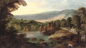 A Wooded Landscape With Travellers On A Road, A Lake And A Town Nearby