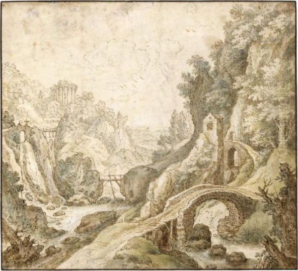 An Italianate River Landscape,
With Rustic Stone Bridges In The Foreground, And A Temple In The
Distance - view 1