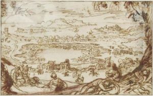 View Of Lake Averno, With
Figures Resting In The Foreground, And The Castle Of Baia And Gulf Of
Pozzuoli In The Distance by Joos De Momper