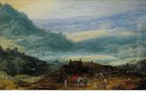 A Mountainous Landscape With A
Group Of Travellers In The Foreground, A Lake And Town In The Distance by Joos De Momper