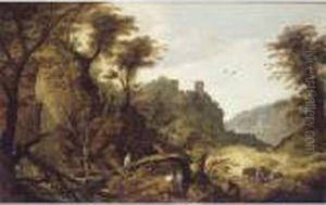 A Mountainous Landscape With Forresters, A Clifftop Castle Beyond