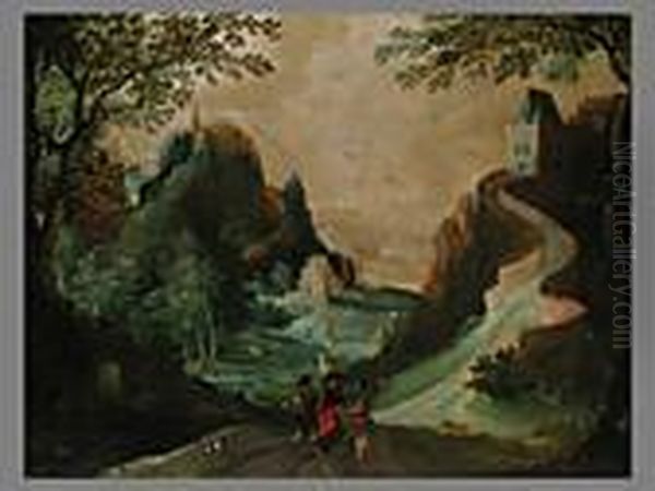 Drei Wanderer In Einer Schlucht Mit Schlossern Und Burgen - view 1