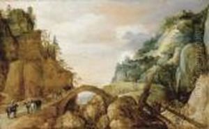 A Mountainous Landscape With Horsemen And Travellers Crossing Abridge