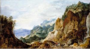 A Panoramic Mountainous Landscape With Journeymen Giving To The Poor, Packhorses Beyond A Panoramic Mountainous Landscape With Journeymen Giving To The Poor, Packhorses Beyond