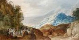 An Extensive Landscape With Saint John The Baptist Preaching by Joos De Momper
