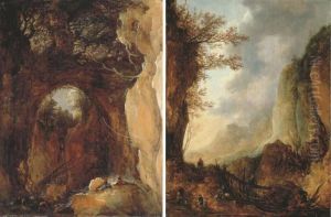 A Mountainous Wooded Grotto With Figures Resting And Catching Fishby A Waterfall
