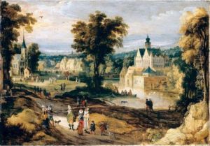 A Landscape With A Castle On A River And Figures Going About Their Daily Activities