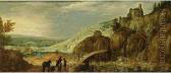 An Extensive Mountainous River 
Landscape With A Waterfall And A Horseman, Travellers And A Horse On A 
Wooden Bridge, A View Of A Fortified Castle On A Hill Top Beyond - view 1