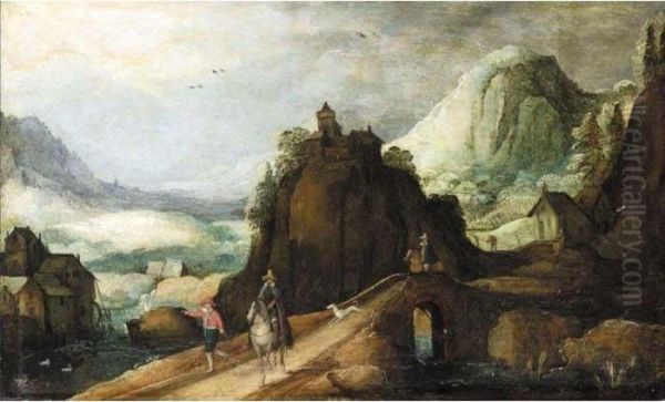 A Mountainous Landscape With Horsemen On A Bridge - view 1