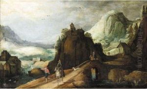 A Mountainous Landscape With Horsemen On A Bridge by Joos De Momper