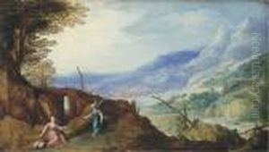 An Extensive Mountainous Landscape With An Angel Appearing Tohagar by Joos De Momper