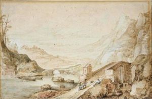 Mountainous River Landscape With Travellers Approaching A Bridge Mountainous River Landscape With Travellers Approaching A Bridge