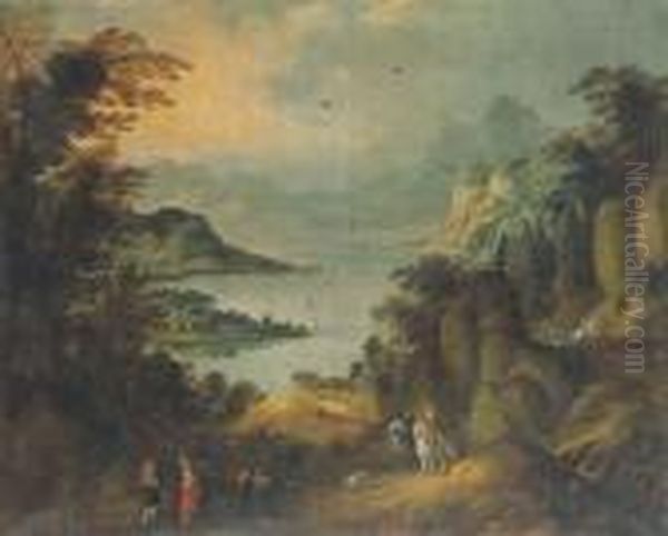 Promeneurs Au Bord D'un Lac, Dans Un Paysage Alpin - view 1
