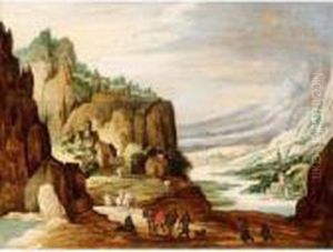 A Mountainous River Landscape With Travellers On A Path In The Foreground by Joos De Momper