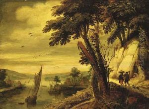 An Extensive River Landscape With Two Peasants On A Path